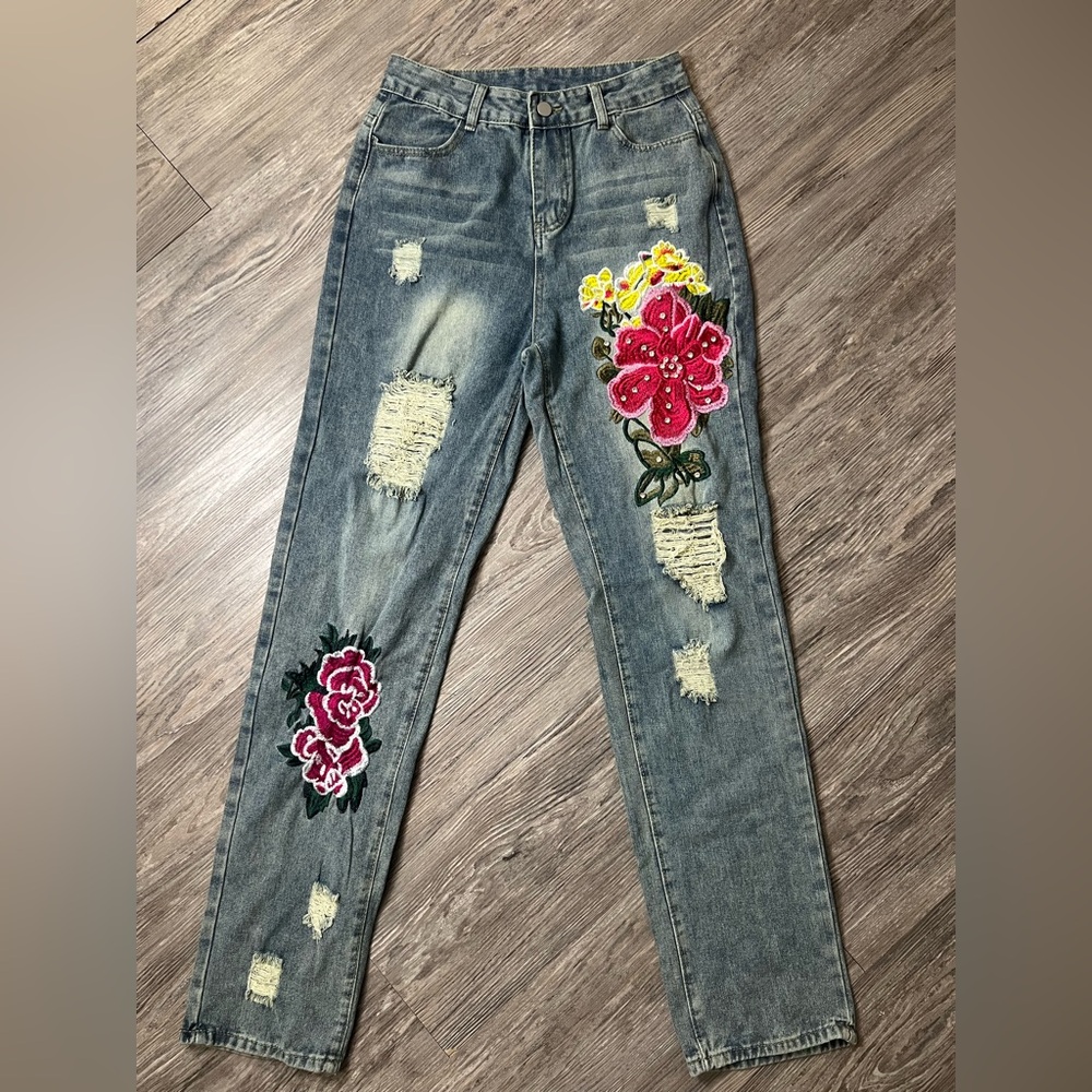 Vintage boho Embroidered Floral Straight Leg Jeans